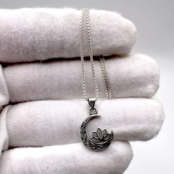 .925 Sterling Silver Moon and Lotus Flower Necklace - Picture 9 of 16